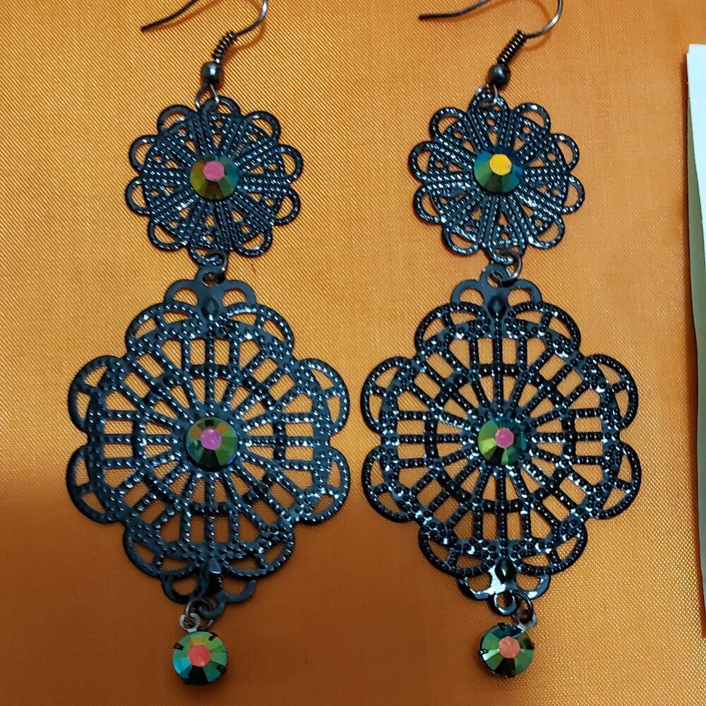 Black Metal Drop Earrings With Multi Color Stones.
